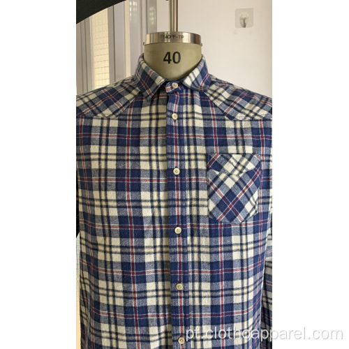 Camisa xadrez de algodão de bolso único masculino